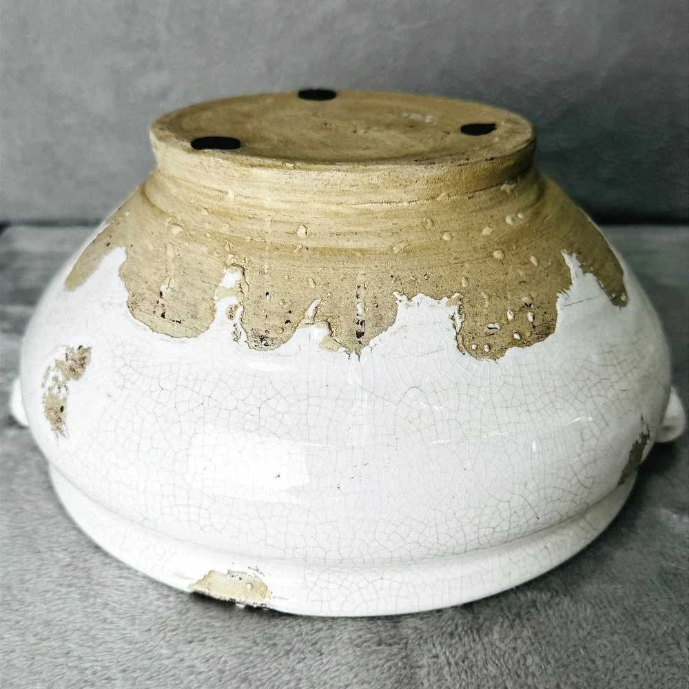 Rustic White Crackle Glaze Stoneware Bowl Planter Farmhouse Cottagecore Decor